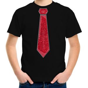 Verkleed t-shirt voor kinderen - glitter stropdas - zwart - jongen - carnaval/themafeest kostuum