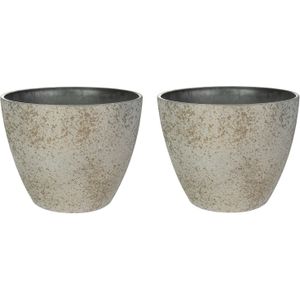 Bloempot/plantenpot - 2x - buiten - beige/goud - D19 en H15 cm - kunststof/steenmix