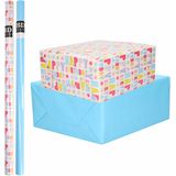 6x Rollen kraft inpakpapier happy birthday pakket - blauw 200 x 70 cm