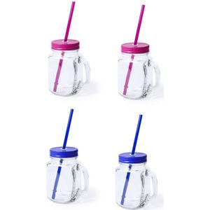 Set van 4x glazen drinkbekers dop/rietje 500 ml blauw/roze