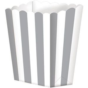 Popcorn/snoep bakjes - 5x - zilver gestreept - karton - 6 x 13 x 4 cm - feest uitdeel bakjes