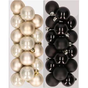 32x stuks kunststof kerstballen mix van champagne en zwart 4 cm