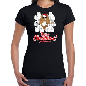 Fout Kerst t-shirt / outfit met hamsterende kat Merry Christmas zwart voor dames