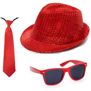 Carnaval verkleed set hoed stropdas en bril rood glitters