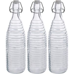3x Glazen flessen transparant strepen met beugeldop 1000 ml