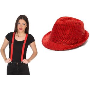 Carnaval verkleed set glitter hoed en bretels rood