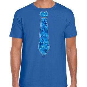 Verkleed t-shirt voor heren - stropdas blauw - pailletten - blauw - carnaval - foute party