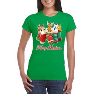 Foute Kerst t-shirt kerstsokken merry christmas groen voor dames