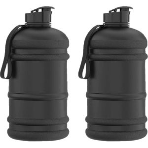 Waterfles/drinkfles - 2x - zwart - 2,2 liter - BPA vrij kunststof - pop up dop