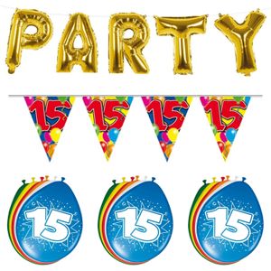 Verjaardag feestversiering 15 jaar PARTY letters en 16x ballonnen met 2x plastic vlaggetjes