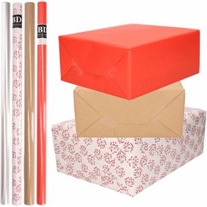 8x Rollen transparant folie/inpakpapier pakket - rood/bruin/wit met hartjes 200 x 70 cm