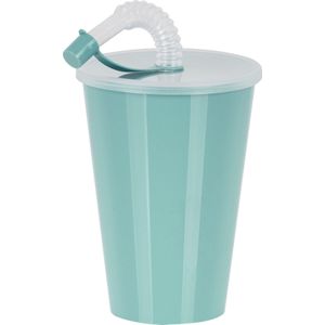 Drinkbeker met deksel en rietje - licht groen - kunststof - 450 ml - 12 x 9 cm