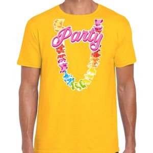 Tropical party T-shirt voor heren - bloemenkrans - geel - carnaval/themafeest