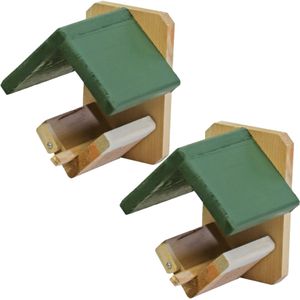 2x stuks vogelhuisje/voederhuisje/pindakaashuisje hout met groen dakje 16 cm