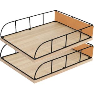 Brievenbakje/documenten opbergbak - 2x - zwart/beige - metaal/hout - L24 x B32 x H7 cm