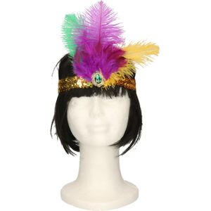 Tropical thema luxe hoofdband - met veren en steentje - multi kleuren - dames - Toppers club Tropica