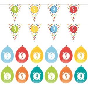 Leeftijd verjaardag 9 jaar geworden feestpakket vlaggetjes/ballonnen