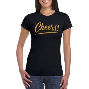 Verkleed T-shirt voor dames - cheers - zwart - gouden glitter - carnaval/themafeest