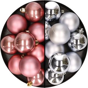 24x stuks kunststof kerstballen mix van zilver en oudroze 6 cm