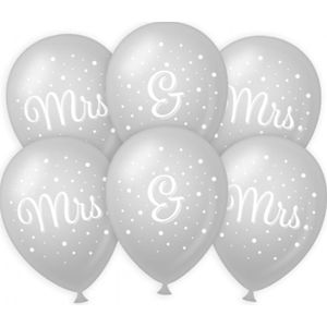 6x stuks Mrs. &amp; Mrs. huwelijks feest ballonnen - zilver/wit - latex - ca 30 cm