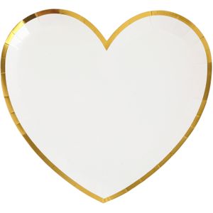 Wegwerpbordjes hartje - Bruiloft - 10x stuks - 23 cm - wit/goud