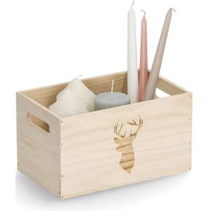 Opberg box/kist - naturel - hout - gestempeld hertenmotief - 25 x 15 x 14 cm