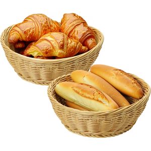 Brood/fruit mandje - 2x - gevlochten kunststof - lichtbruin - rond - D24 x H8 cm - broodmandjes