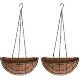 2x stuks metalen hanging baskets / plantenbakken halfrond zwart met ketting 37 cm - hangende bloemen