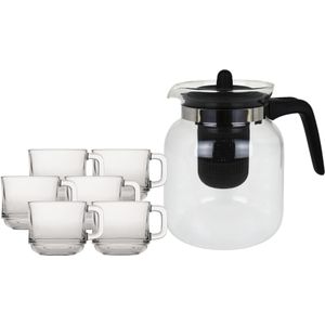 Glazen theepot met filter/infuser van 1,5 liter met 6x stuks theeglazen van 220 ml