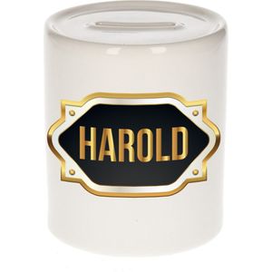 Naam cadeau spaarpot Harold met gouden embleem