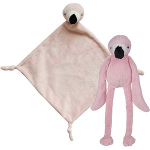 Pluche dieren setje Roze flamingo knuffel van 33 cm en tutteldoekje 40 cm