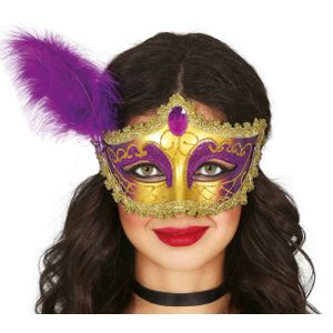 Verkleed oogmasker Venitiaans - paars met veer - volwassenen - Carnaval/gemaskerd bal
