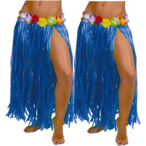 Hawaii verkleed rokje - 2x - voor volwassenen - blauw - 75 cm - rieten hoela rokje - tropisch