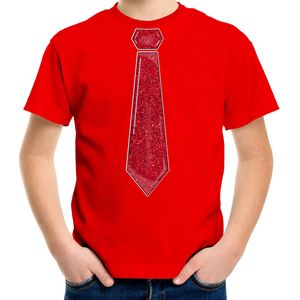 Verkleed t-shirt voor kinderen - glitter stropdas - rood - jongen - carnaval/themafeest kostuum