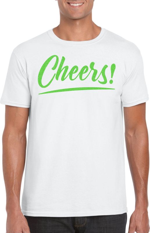 Bellatio Decorations Verkleed T-shirt voor heren - cheers - wit - groene glitter - carnaval