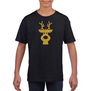 Rendier hoofd Kerst t-shirt zwart voor kinderen met gouden glitter bedrukking