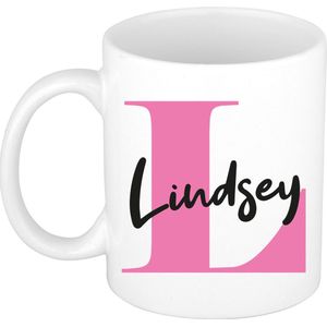 Naam mok Lindsey - roze - wit - keramiek - 300 ml - verjaardag/cadeau beker