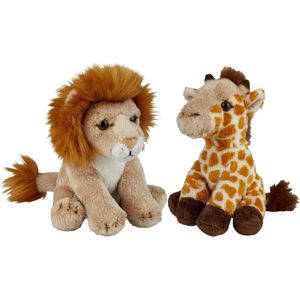 Ravensden - Safari dieren knuffels - 2x stuks - Giraffe en Leeuw - 15 cm