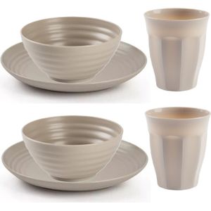 Camping Servies set - kunststof - beige - 8x borden/8x drinkbekers/8x kommetjes