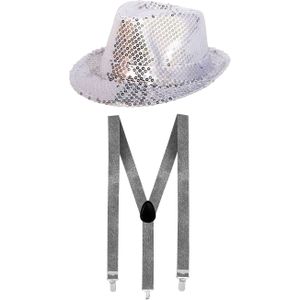 Carnaval verkleed set hoed met bretels zilver glitters