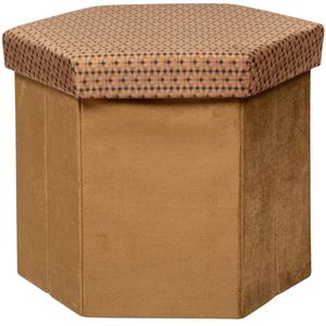 Poef/krukje Jiling zeshoek - Opvouwbaar/opslag box - Camel bruin - D40 x H38 cm - MDF/polyester