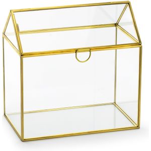 Enveloppendoos goud huisje - bruiloft - goud - glas/metaal - 13 x 21 cm
