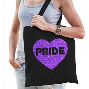 Gay Pride tas voor dames - zwart - katoen - 42 x 38 cm - paars glitter hart - LHBTI