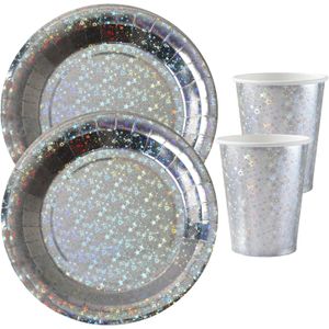 Feest wegwerp servies set - glitter - 20x bordjes / 20x bekers - zilver