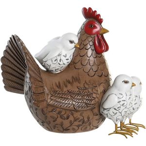 Items Home decoratie dieren/vogel beeldje - Kip met kuikens - 25 x 22 cm - binnen/buiten - bruin/wit