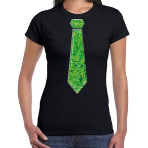 Verkleed t-shirt voor dames - stropdas groen - pailletten - zwart - carnaval - foute party