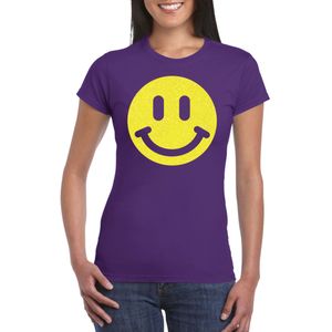 Verkleed T-shirt voor dames - smiley - paars - carnaval/foute party - feestkleding