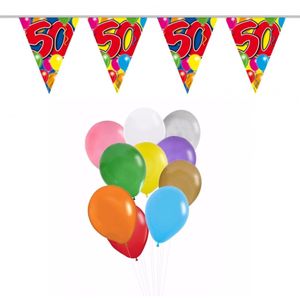 Verjaardag 50 jaar feest thema set 50x ballonnen en 2x leeftijd print vlaggenlijnen