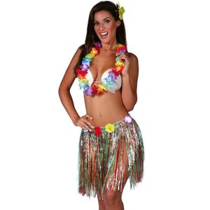 Hawaii verkleed set - voor volwassenen - multicolour - rieten rokje/bloemenkrans/haarclip bloem