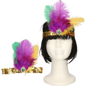 Charleston luxe hoofdband - 2x - met veren en steentje - multi kleuren - dames - jaren 20 thema